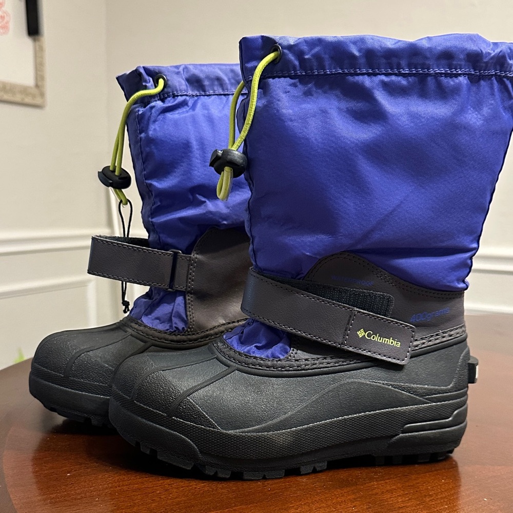 Columbia Kids' Snow Boots in Purple and Black with Neon Drawcord